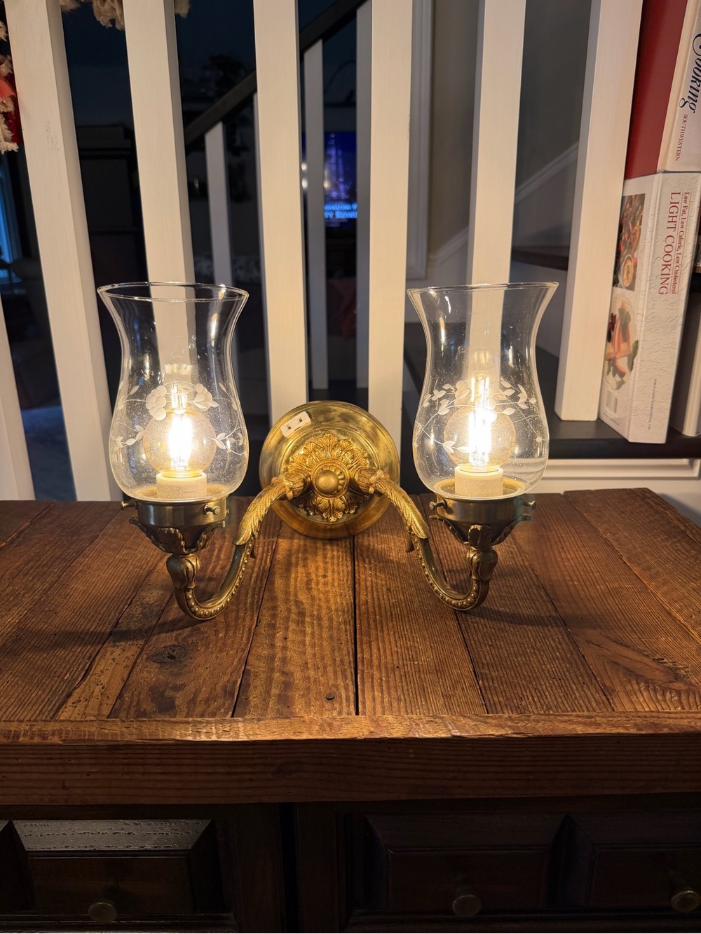 Vintage Brass Double Wall Sconce with Clear Etched Glass Shades